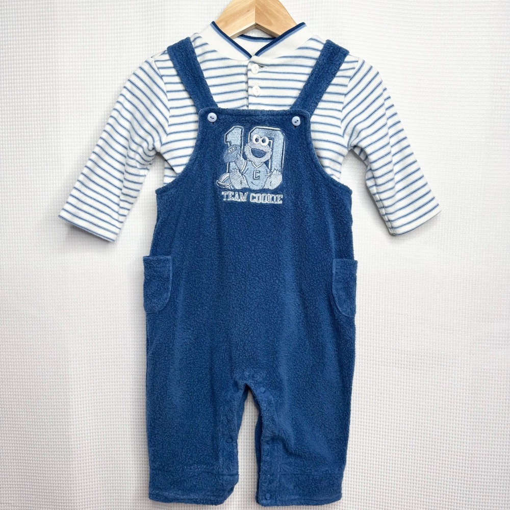 Vintage Sesame Street Cookie Monster Fleece Overalls & Striped Shirt Set 6-9M